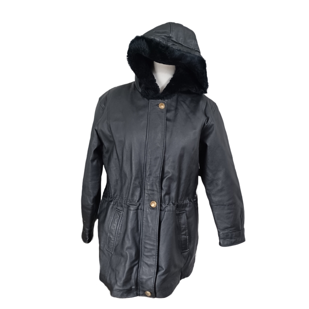 LIZ BAKER ESSENTIALS LEATHER COAT WITH HOOD SIZE L